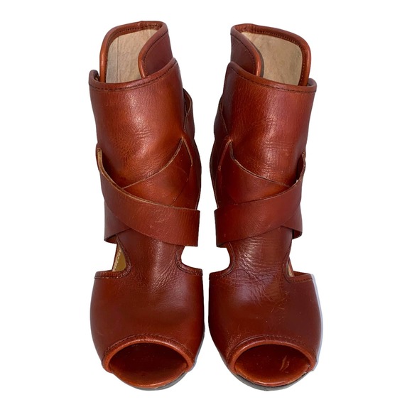 Kelsi Dagger Marcelle Cognac Leather Ankle Bootie Buckle Strap Open Toe 7.5 US - Picture 2 of 15